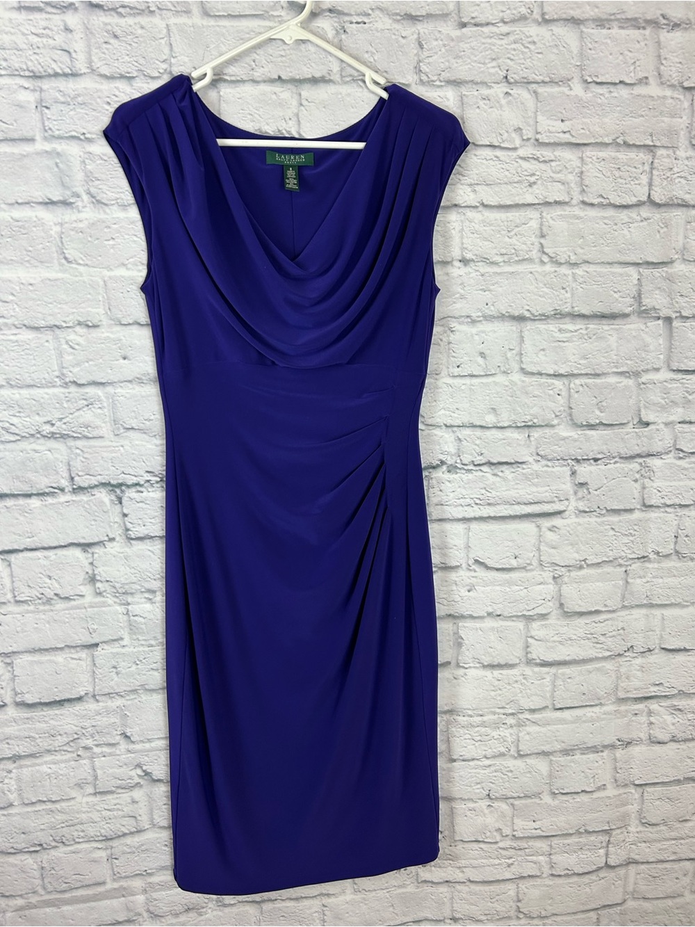 Lauren Ralph Lauren Dress 8 Purple Cowl Neck Ruched Sheath Stretch Midi